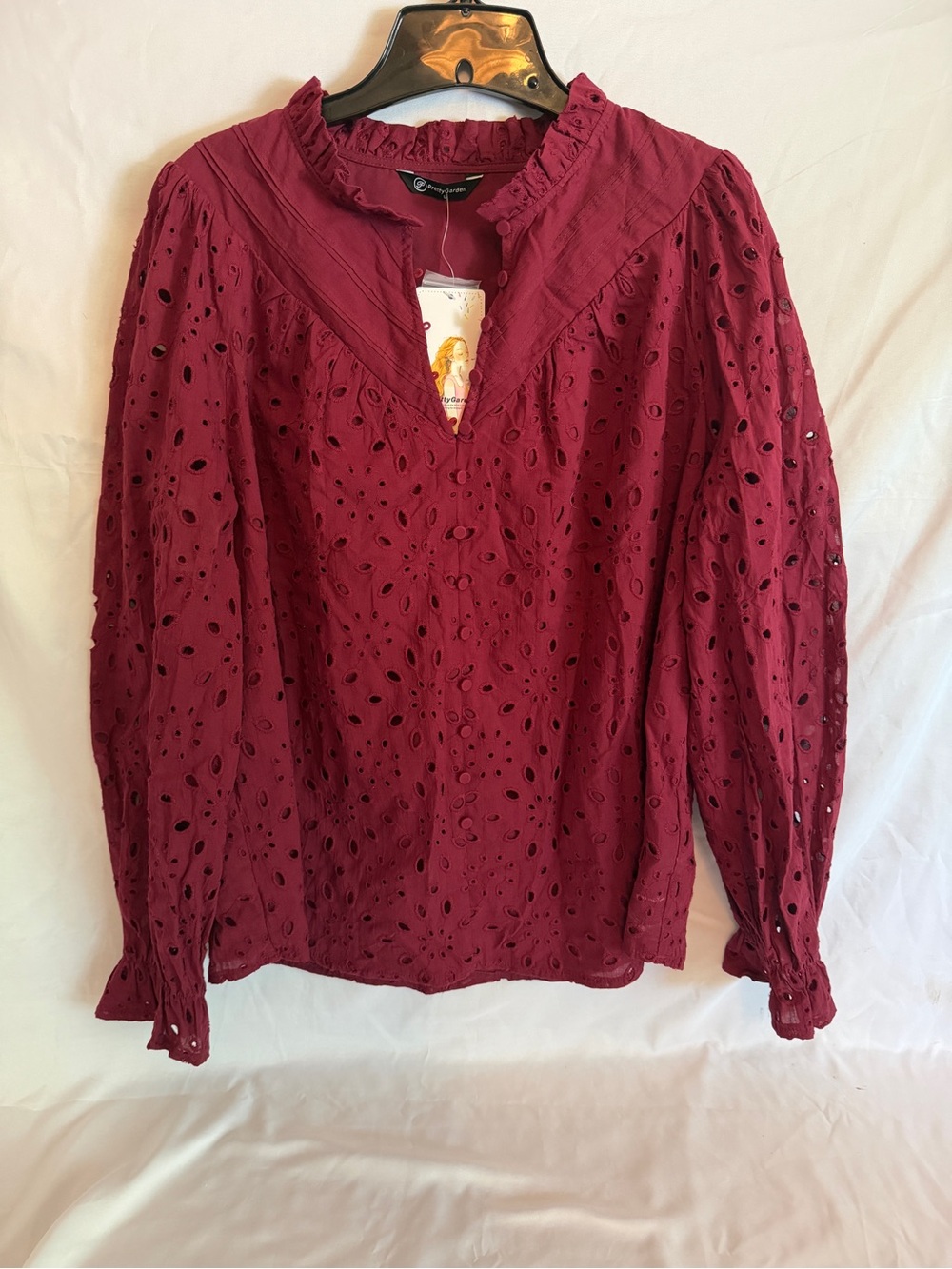 Eyelet V-Neck Long Sleeve Top - Wine (NWT)